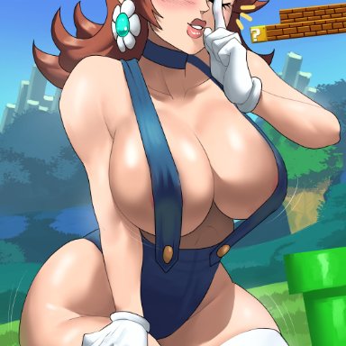 mario (series), nintendo, super mario bros., luigi (cosplay), princess daisy, echosaber, 1girls, ass, breasts, cleavage, female, hat, hips, huge breasts, large ass