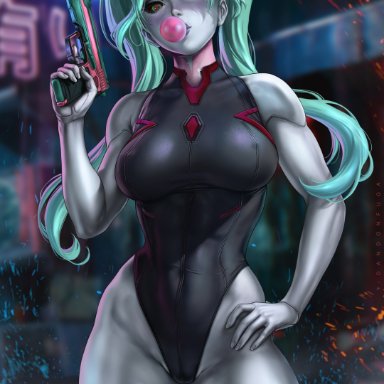 cyberpunk: edgerunners, rebecca (edgerunners), dandon fuga, 1girls, big breasts, blue hair, breasts, bubble gum, curvaceous, cyberpunk, female, female only, gun, long hair, looking