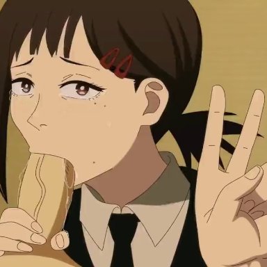 chainsaw man, shounen jump, denji (chainsaw man), higashiyama kobeni, brocksnfumiko, divine wine, vampiranhya (artist), black hair, blowjob, fellatio, funny, hair ornament, hairclip, looking at viewer, peace sign