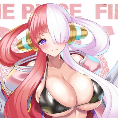 one piece, one piece film red, uta (one piece), nez-box, 1girls, big breasts, bikini, bikini top, blush, breasts, cleavage, female, female only, hair over one eye, headgear