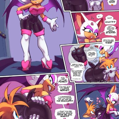 sega, sonic the hedgehog (series), rouge the bat, tails, fred perry, anthro, ass, breasts, canid, canine, chiropteran, cleavage, clothed, clothing, cross-popping vein