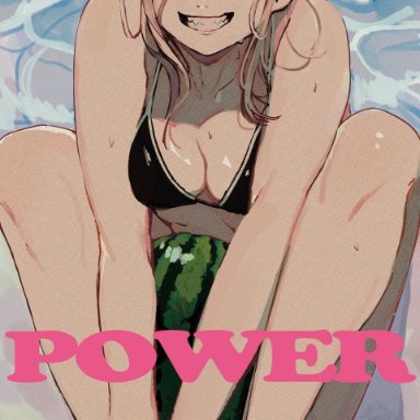 chainsaw man, shounen jump, power (chainsaw man), kurokashi655, 1girls, barefoot, beach, bikini, blonde hair, breasts, cleavage, cute, demon horns, feet, female