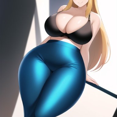 nintendo, the legend of zelda, princess zelda, nai diffusion, stable diffusion, 1girls, big breasts, bimbo, blonde hair, blue pants, high-waist pants, huge breasts, large breasts, long hair, seductive smile