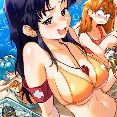 neon genesis evangelion, asuka langley sohryu, gendo ikari, misato katsuragi, rei ayanami, ritsuko akagi, shinji ikari, snegovski, 2boys, 3girls, beach, big breasts, bikini, breast envy, breasts