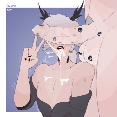 original, original character, original characters, tricksterxin (artist), 2boys, after deepthroat, after fellatio, antlers, choker, choker snapping, cock hungry, cock shock, cock worship, cum, cum in mouth