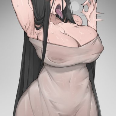 the ring, yamamura sadako, elijahzx, 1girls, areolae, armpits, black hair, breasts, dress, female, ghost, ghost girl, hair over eyes, hips, huge breasts