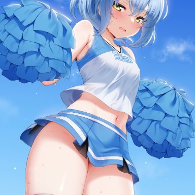 tensei shitara slime datta ken, rimuru tempest, m-da s-tarou, rogia, 1girls, bare shoulders, blue hair, blue sky, blush, cheerleader, cheerleader uniform, collarbone, female, green eyes, legwear