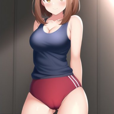 my hero academia, ochako uraraka, nai diffusion, stable diffusion, 1girls, ass visible through thighs, black socks, bloomers, blush, brown eyes, brown hair, buruma, cameltoe, cleavage, female