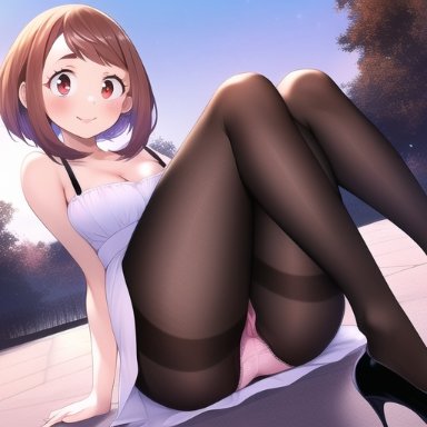 my hero academia, ochako uraraka, nai diffusion, stable diffusion, background, blush, brown eyes, brown hair, female, heels, panties, pantyhose, pink panties, short dress, shy