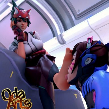 overwatch, d.va, kiriko (overwatch), oda arts, barefoot, feet, feet licking, feet on face, foot fetish, licking, licking feet