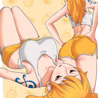 one piece, nami, elpipe3000, 1girls, adult, ass, back, backboob, bottomwear, breasts, butt crack outline, clothing, different poses, dolphin shorts, ecstasy