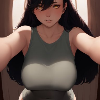 original, nai diffusion, stable diffusion, 1girls, big breasts, black hair, clothed female, female, female only, long hair, looking at viewer, solo, ai generated, high resolution