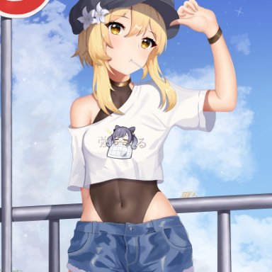 genshin impact, keqing (genshin impact), lumine (genshin impact), alternate costume, arm behind back, arm up, black headwear, blonde hair, blue shorts, blue sky, blush, breasts, brown leotard, cloud, covered navel