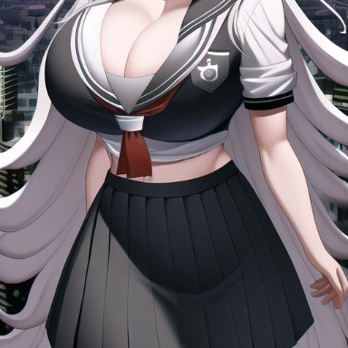 danganronpa, danganronpa: trigger happy havoc, oogami sakura, nai diffusion, stable diffusion, bad hands, city, cleavage, grey eyes, huge breasts, long hair, looking at viewer, midriff, night, school uniform