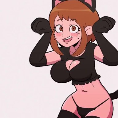 my hero academia, shounen jump, ochako uraraka, vexypop, 1girls, big breasts, bouncing breasts, breasts, cleavage, dancing, female, female only, smile, thick thighs, thighhighs