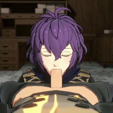 fire emblem, fire emblem: three houses, nintendo, bernadetta von varley, heart lewd, overused23, 1boy, 1girls, ahoge, black eyes, black footwear, blowjob, blurry, blurry background, blush