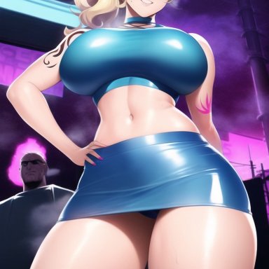 queen dee (character), nai diffusion, queen dee, stable diffusion, 1girls, belly, belly button, big breasts, blonde hair, blue eyes, breasts, busty, clothed, clothed female, clothes