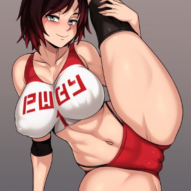 rooster teeth, rwby, ruby rose, jmg, 1girls, areola, areola bulge, areolae, arm support, bare shoulders, big breasts, big thighs, black panties, black underwear, breasts