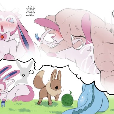 pokemon, eevee, eeveelution, pok&#233;mon (species), pokemon (species), sylveon, vaporeon, sincastermon, blush, cum inside, cute fangs, fantasy, femboy, feral, heart-shaped pupils