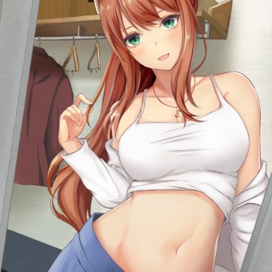 doki doki literature club, 1girls, bare midriff, bare shoulders, bare stomach, belly, belly focus, big breasts, blue skirt, blush, blushing, bow, breasts, brown hair, cleavage