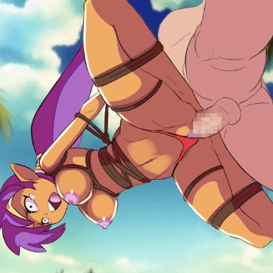 shantae, wayforward, shantae (character), anythinggoes, areola, ass, athletic female, balls, big breasts, bondage, bound, breasts, brown body, brown skin, clothing