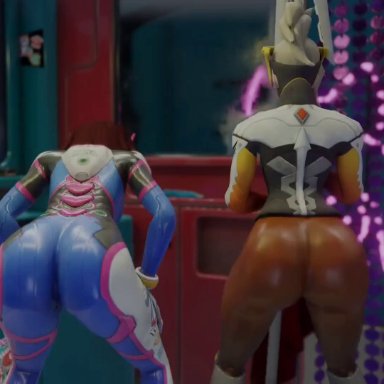 overwatch, overwatch 2, d.va, mercy, kishi, 2girls, ass, ass focus, ass shake, big ass, big butt, blonde hair, bodysuit, brown hair, bubble ass