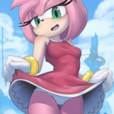 sonic (series), sonic frontiers, amy rose, rilex lenov, 1girls, anthro, ass visible through thighs, bare thighs, blush, cameltoe, dress lift, female, gluteal fold, looking at viewer, open mouth