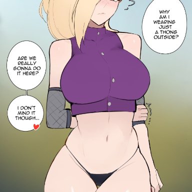 naruto, naruto (series), naruto shippuden, shounen jump, ino yamanaka, kisou, 1girls, asymmetrical hair, bare thighs, black thong, blonde hair, blush, breasts, crop top, embarrassed