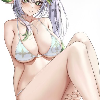 genshin impact, nahida (genshin impact), ki-16, adult, aged up, bikini, blush, cleavage, curvy, elf, feet, green hair, legs, light-skinned female, light skin