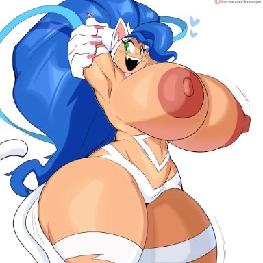 capcom, darkstalkers, felicia, felicia (darkstalkers), jinu, 1girls, armpits, big breasts, blue hair, breasts, cat ears, cat tail, fangs, female, female only