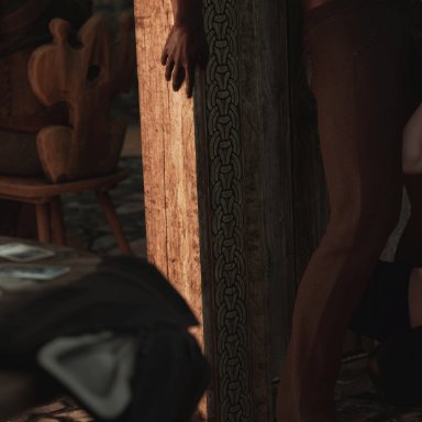 cd projekt red, the witcher (series), the witcher 3: wild hunt, geralt of rivia, yennefer, missed call, 1girls, 2boys, big penis, black hair, card, cheating, cheating girlfriend, choker, cuckold