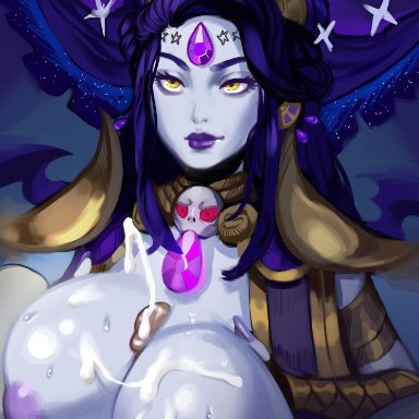 hades (game), nyx (hades), zagreus, rhydwyn, shinrhydwyn, 1boy, 1girls, areolae, big breasts, breasts, clothed, clothing, cum, cum on breasts, cum outside