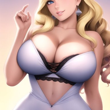 queen dee (character), nai diffusion, queen dee, stable diffusion, 1girls, big breasts, blonde hair, blue eyes, bra, breasts, busty, cleavage, clothed, clothed female, clothes