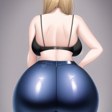 metroid, samus aran, nai diffusion, stable diffusion, ass focus, black bra, blue leggings, bubble ass, bubble butt, faceless female, gigantic ass, hand on hip, huge ass, leggings, shiny ass