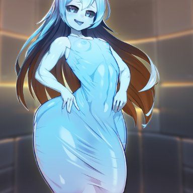 spooky's house of jump scares, spooky (shojs), nisetanaqa, 1futa, arched back, big ass, black sclera, blue eyes, blue hair, blue skin, bottom heavy, bottomless, breasts, bulge, bulge through clothing