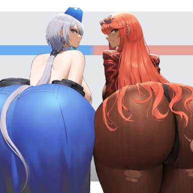 goddess of victory: nikke, brid (nikke), volume (nikke), ethan69 (artist), 2girls, ass, ass focus, ass shot, back, back view, backboob, blue eyes, breasts, bubble butt, double ass focus