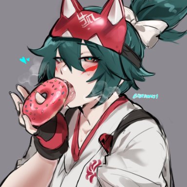 overwatch, kiriko (overwatch), kurenaiz1, donut, fully clothed, heart-shaped pupils, licking, looking at viewer, seductive