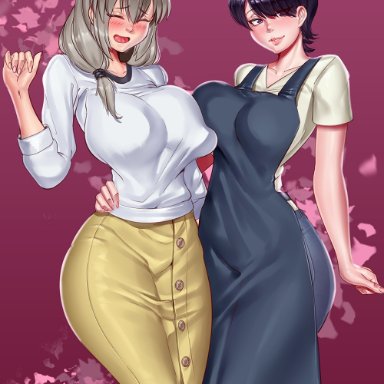 komi-san wa komyushou desu, uzaki-chan wa asobitai!, komi shuuko, uzaki tsuki, pashapencil, 2girls, apron, big breasts, black apron, blush, bottomwear, breasts, closed eyes, female, female only