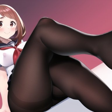 my hero academia, ochako uraraka, nai diffusion, stable diffusion, blush, brown eyes, brown hair, feet, female, large breasts, legs, nipples visible through clothing, pantyhose, school uniform, smile