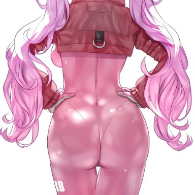 goddess of victory: nikke, alice (nikke), uenoryoma, 1girls, ass, back, back view, bodysuit, bubble butt, female, headphones, hips, huge ass, pantylines, pink hair