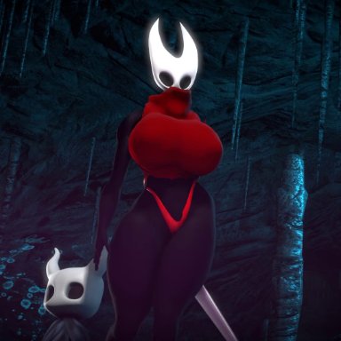 hollow knight, hornet (hollow knight), protagonist (hollow knight), rodler-h8, 1boy, 1boy1girl, 1girls, ass, busty, larger female, thick thighs, walk cycle, 3d, animated, no sound