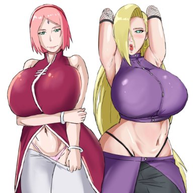 boruto: naruto next generations, naruto, naruto: the last, naruto (series), ino yamanaka, sakura haruno, panarandom, 2girls, alternate breast size, armpits, arms behind head, arms up, big breasts, blonde hair, blue eyes