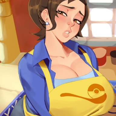 game freak, nintendo, pokemon, pokemon sv, mother (pokemon sv), nezulet, 1girls, apron, breasts, brown eyes, brown hair, cleavage, clothed, clothed female, female