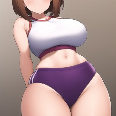 my hero academia, ochako uraraka, nai diffusion, stable diffusion, blush, brown eyes, brown hair, female, gym uniform, large breasts, thick thighs, wide hips, ai generated