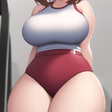 my hero academia, ochako uraraka, nai diffusion, stable diffusion, blush, brown eyes, brown hair, female, gym uniform, large breasts, thick thighs, wide hips, ai generated