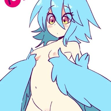 monster musume no iru nichijou, papi (monster musume), diives, 1girls, :o, ahoge, bangs, blush, breasts, cowboy shot, eyebrows visible through hair, eyes visible through hair, feathers, female, female only