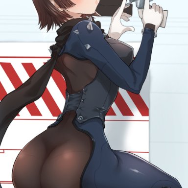 atlus, persona, persona 5, makoto niijima, kurosususu, 1girls, ass, back, back view, bodysuit, breasts, brown hair, bubble butt, female, gun