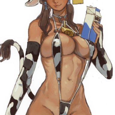 avatar the last airbender, the legend of korra, korra, mossacannibalis, 1girls, blue eyes, cow ears, cow print, cow print bikini, cow tail, cowbell, dark-skinned female, large breasts, muscular, muscular female