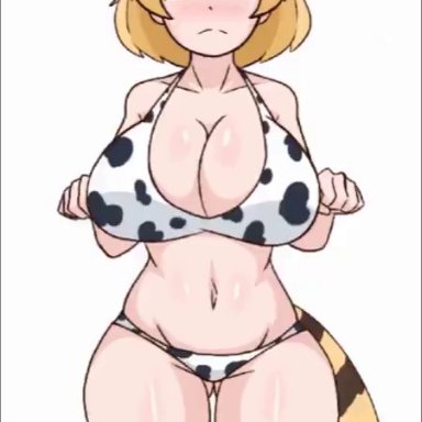 kemono friends, serval (kemono friends), lettuce (artist), 1girls, blonde female, blonde hair, bouncing breasts, breasts, cleavage, cow print, dancing, female, female only, light-skinned female, animated