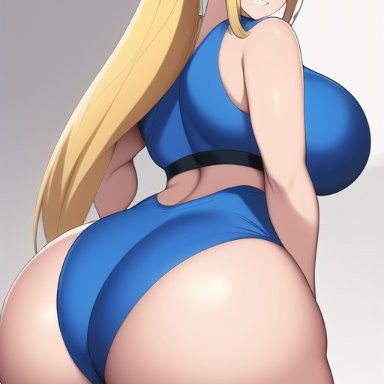 metroid, nintendo, samus aran, nai diffusion, stable diffusion, ass focus, blonde hair, blue clothes, blue eyes, gigantic ass, huge ass, huge breasts, long hair, ponytail, seductive smile